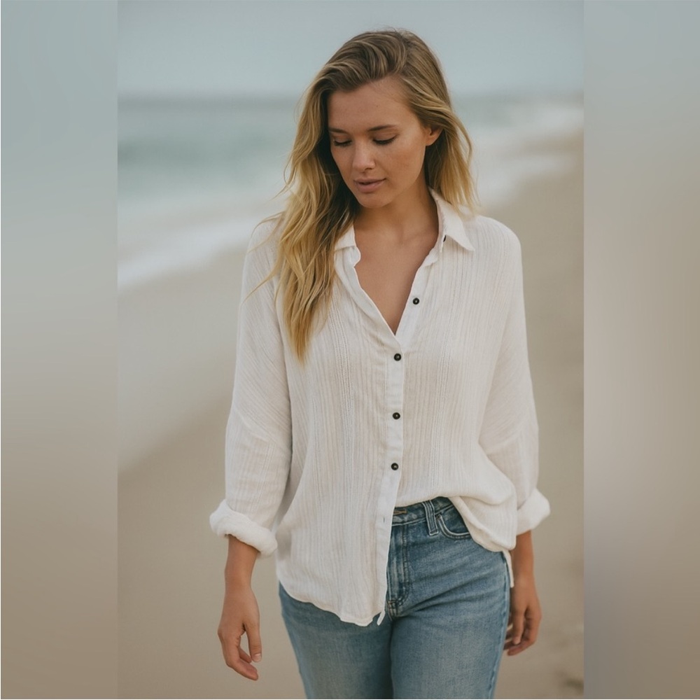 Free People Free-Est White Oversized Ribbed Button-Up Blouse